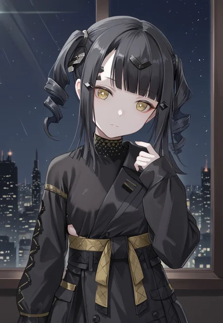 Nimogen, blunt bangs, black hair, black dress, long hair, twintails, sleeves past wrists, long sleeves, yellow eyes, hair ornament, small breasts, drill hair, pale skin, yellow sash, twindrills,

looking down, head tilt, hand up, closed mouth,
 
window, city, cityscape, dark, night, night sky,

1girl, solo, solo focus, highres, absurdres, light particles, shade, lens flare, shiny skin, fine fabric emphasis,
