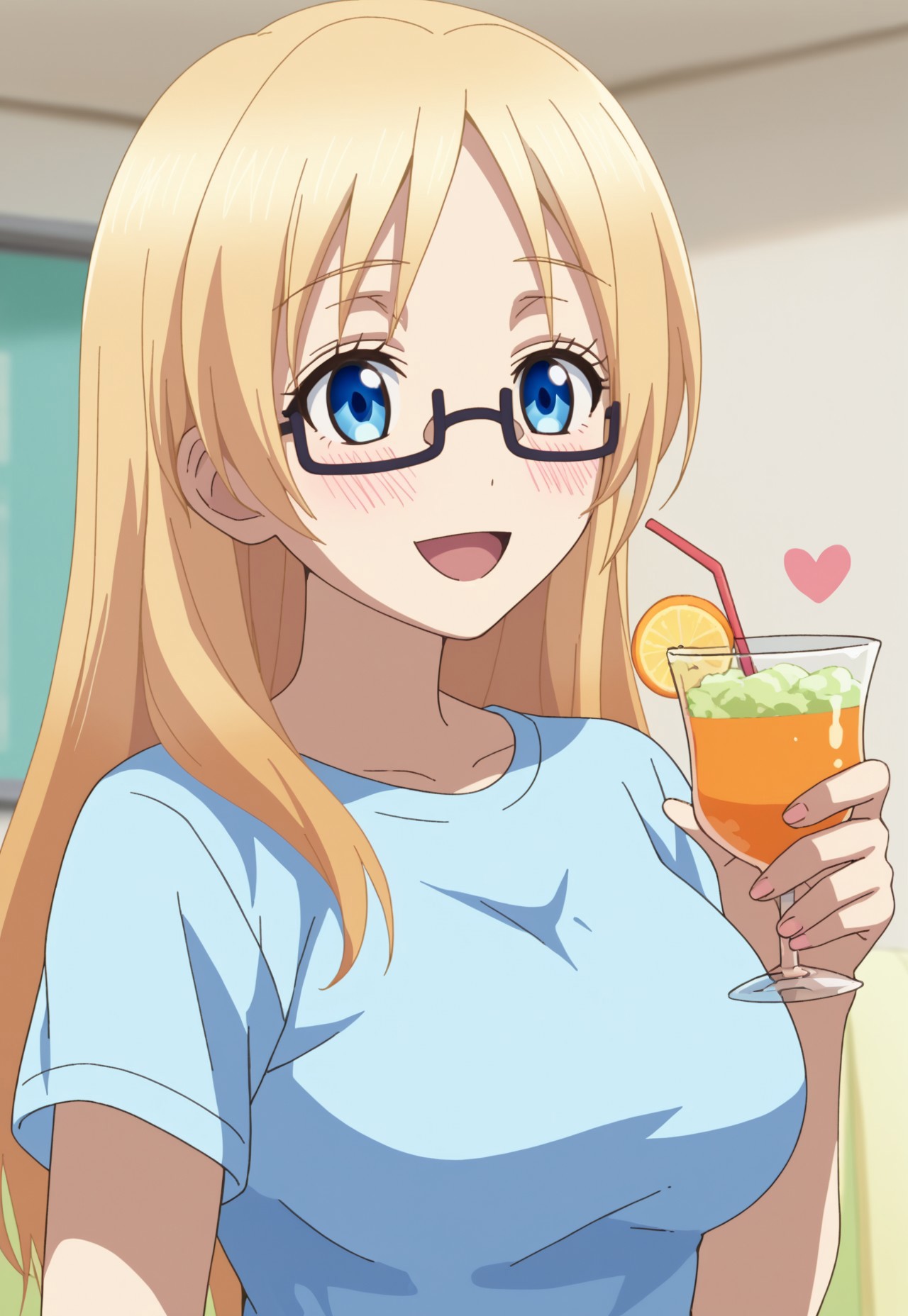 score_9, score_7_up, source_anime

ChisatoMizusawa, 1girl, solo, blue eyes, glasses, blonde hair, long hair, t-shirt, blush, happy, holding cocktail, large breasts, hearts,

indoor,