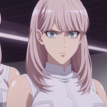 <lora:SlimesAngelicaYukino:1>, slimes_angelicayukino, woman, solo, bangs, stern expression