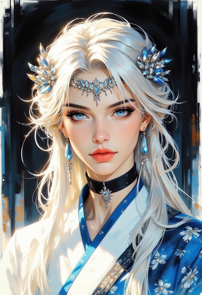 ink and brushstroke dismrt style, japanese princess, long loose platinum hair, blue eyes, dark eyeshadow, blusher, red lips, porcelain skin, jewelled silver tiara, earrings black choker, white gown with blue dragon patterns, dark abstract background, silhouetted in japanese formal garden, light hitting one side of face, the other side in darkness, direct gaze