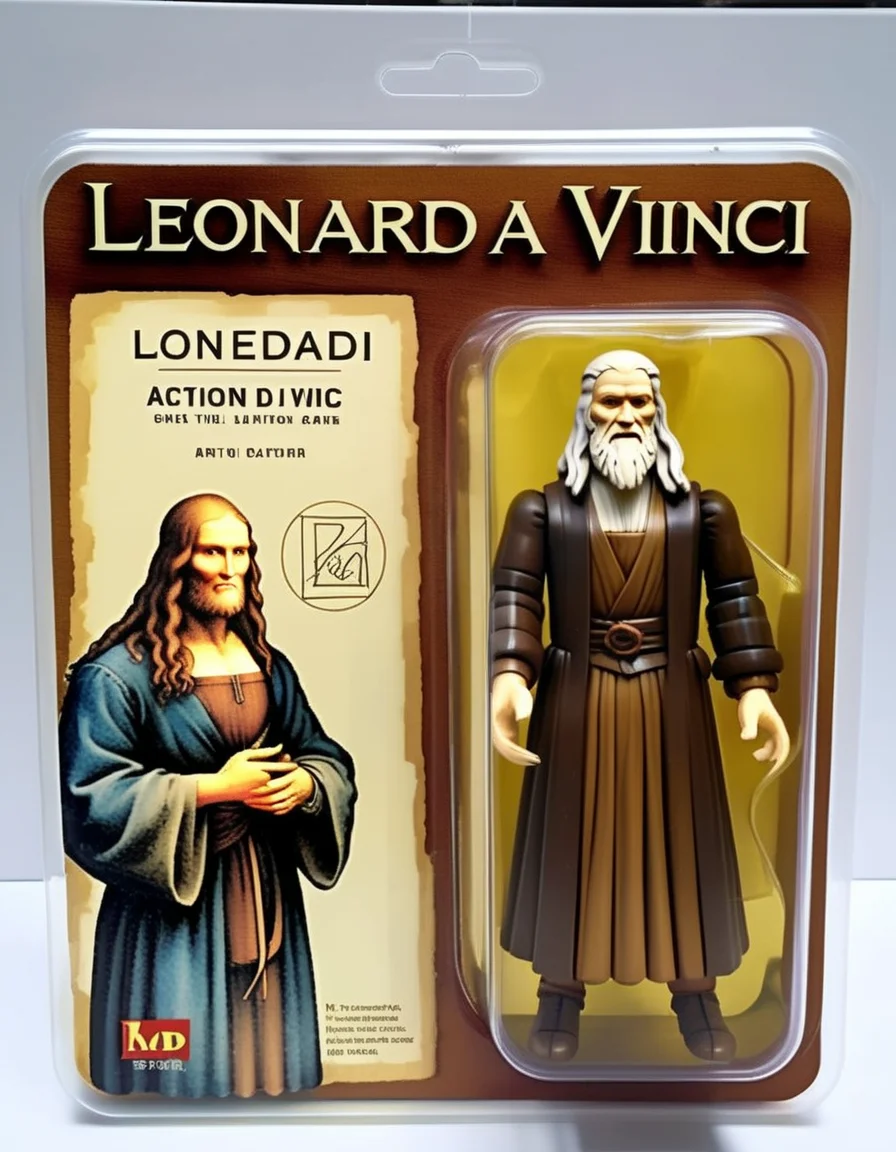A Leonardo da Vinci action figure, artistically crafted, in a plastic box. The packaging displays his renowned artworks and sketches, reflecting his multifaceted genius in art and science,<lora:gonza_v2:0.7>