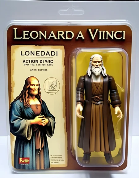 A Leonardo da Vinci action figure, artistically crafted, in a plastic box. The packaging displays his renowned artworks and sketches, reflecting his multifaceted genius in art and science,<lora:gonza_v2:0.7>
