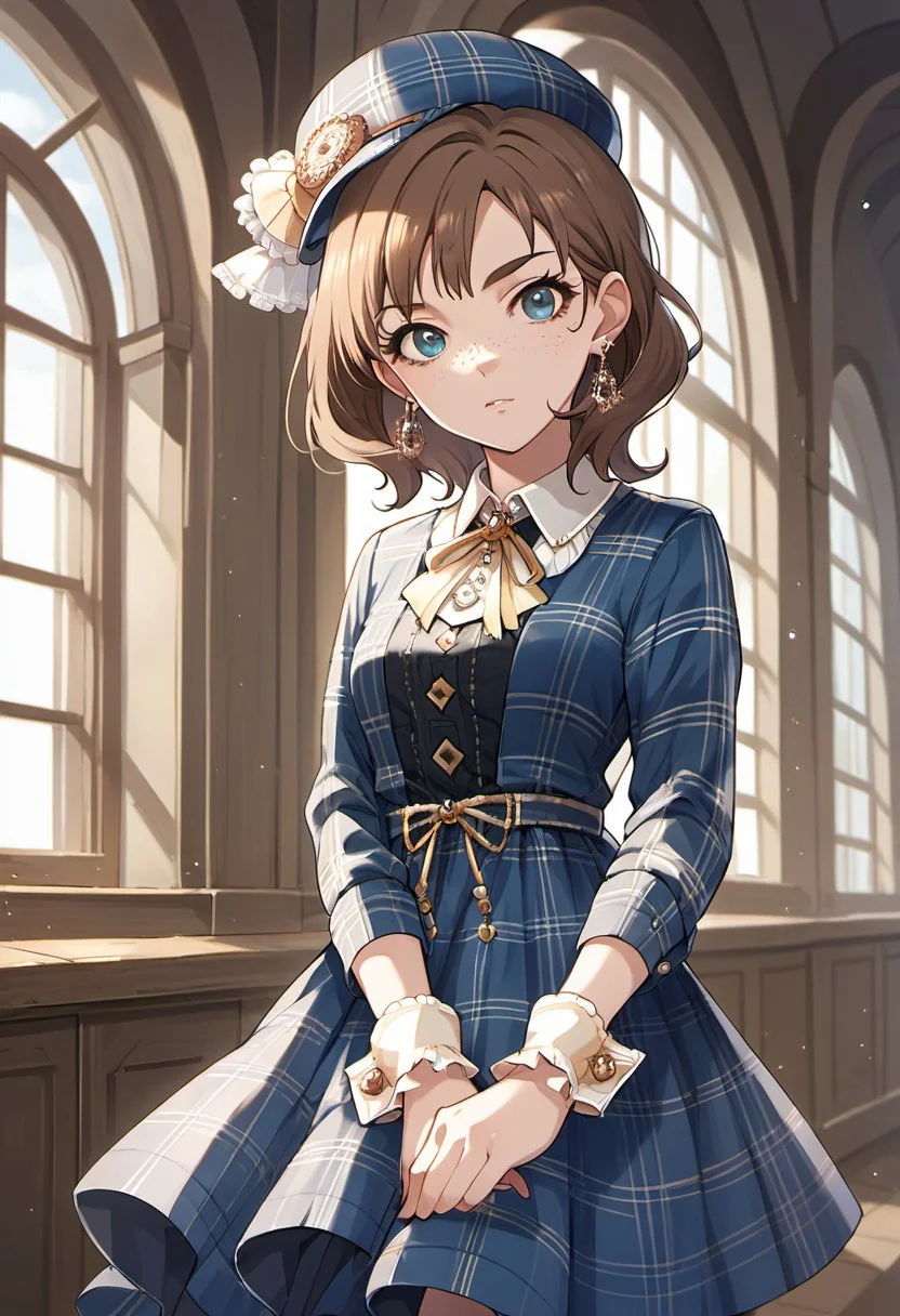 score_9, score_8_up, score_7_up, source_anime,kate, brown hair, blue eyes, short hair, 1girl, solo, earrings, freckles, jewelry, dress, wrist cuffs, plaid, hat