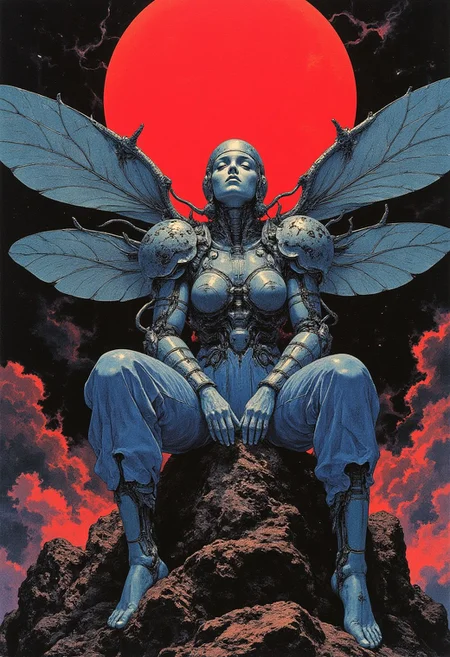 This is a cyberpunk anime artwork featuring a striking, surreal scene set against a dark, almost black background. At the center of the image is a female figure with an otherworldly appearance, seated on a rugged, rocky outcrop. She has a blue complexion, and her body is adorned with intricate, mechanical armor that resembles a mix of organic and technological elements. Her armor is metallic, with various protrusions and details that add to her futuristic appearance. Her head is covered with a helmet that has a sleek, futuristic design. The figure's wings, which are large and expansive, are also made of a metallic material and have a segmented, insect-like appearance. The wings are spread wide, creating a dramatic and imposing presence. The figure's attire includes blue pants and a sleeveless top that exposes her arms, which are also armored. She has a sad, serene, contemplative expression on her face, adding to the enigmatic and mysterious atmosphere of the scene. The background features a large, vivid red sphere, which could be interpreted as a giant, glowing moon or a powerful energy source. The sphere is surrounded by dark, swirling clouds, adding to the ominous and otherworldly and sad feel of the scene. The overall color palette is dominated by deep blacks, reds, and blues. Add noise. (eyes open)