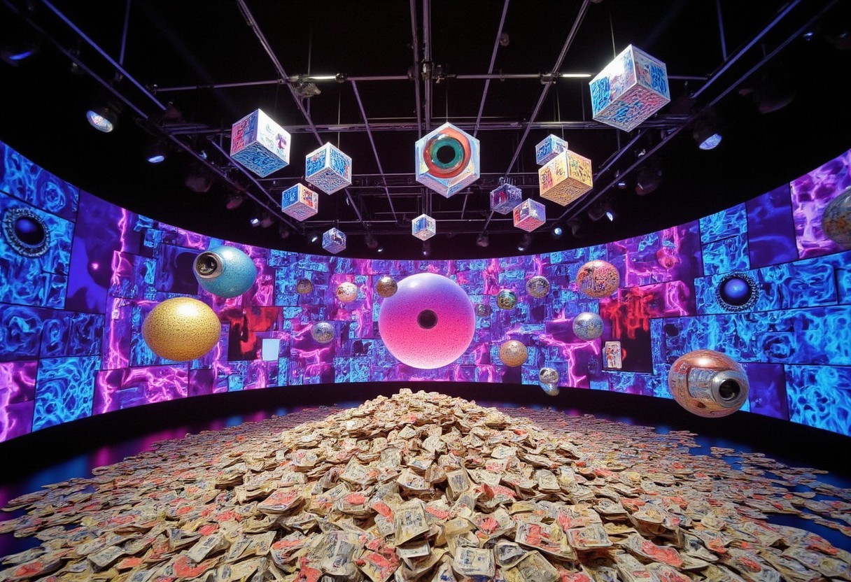 piles of money cash falling from sky paper money in front of camera scene similar to gozer the destructor from futuristic divinity ghostbusters with australian money cash currency falling in front of the camera multi colored bolts of high intensity electricity and lightning as well as holograms of futuristic cubes projecting around the room with eyeballs inside them