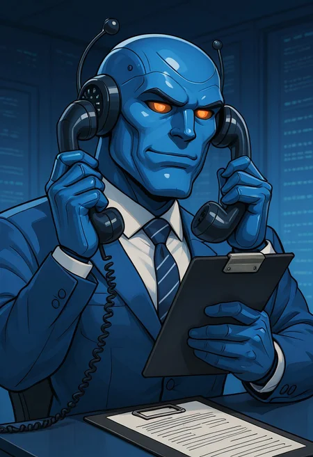masterpiece, high detail, CivBot, gigachad, sigma male, robot, blue, answering multiple corded phones at once, holding a clipboard in one hand, working efficiently in a chaotic yet stylish customer service office, sigma male expression, tech-noir background