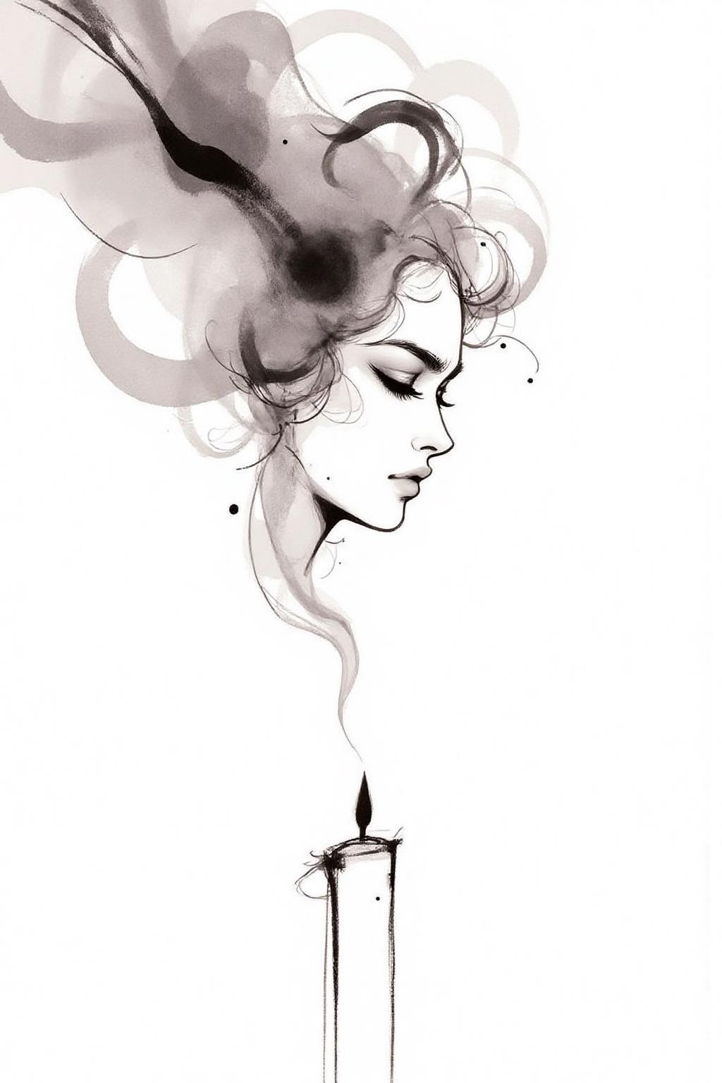 nijiwc1 Ink brush style illustration. 
Wisps of smoke rising from a candle in the form of a woman's profile 
The background is stark white <lora:inkwash_niji_nocap_d6a3:1.0><lora:806961421045989182:0>