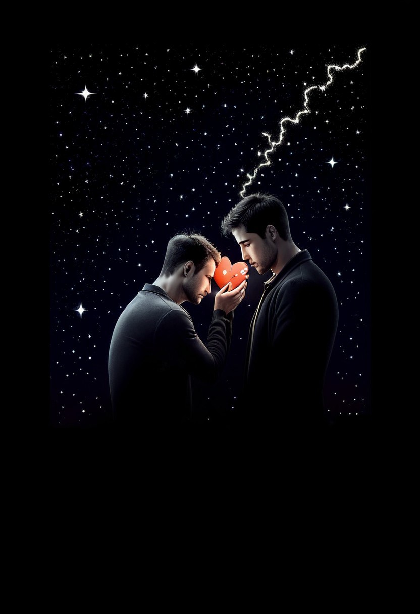 An image of a depressed man with a broken heart who can't stop crying and thinking about his lost love. On a dark night with a lot of stars and a shooting star.