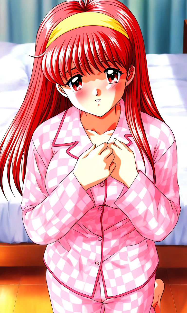 general,highres, ultra-detailed,very aesthetic,best quality ,best hands, BREAK <lora:Fujisaki_Shiori_Tokimeki_Memorial_Ver2.0_IS:1>
Fujisaki_Shiori(Tokimeki_Memorial), 1girl, solo, long hair, Yellow hairband, red hair, red eyes,pink hair, bangs, large breasts,
pajamas, long hair, barefoot, red hair, cowboy_Shot, standing, long sleeves, 
hands on own chest,
blush,
sleeves past wrists, looking at viewer, bow, checkered clothes,
bed room,