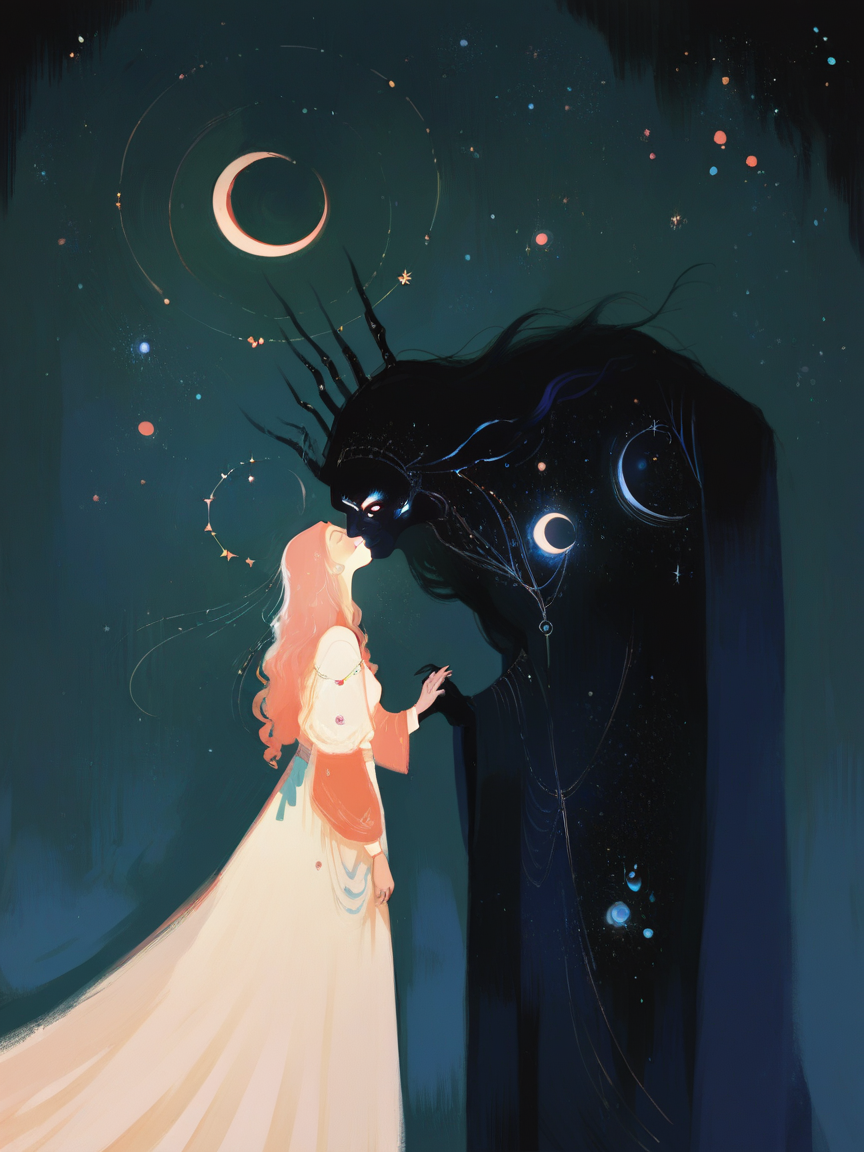 score_9, score_8_up, score_7_up, score_6_up, score_5_up,    <lora:watXLP:0.7> wat, 1girl, long hair, crescent moon, night, starry sky, glowing, size difference, kiss
