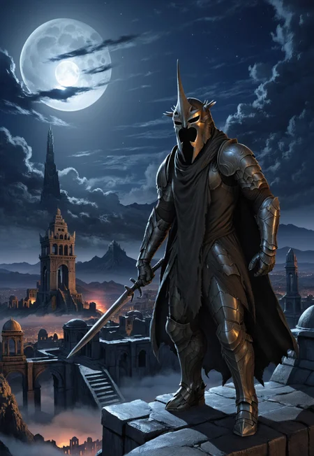 Score_9, score_8_up, score_7_up, With King hidden face, looking at viewer, armored fell beast, helmet, holding sword, nigh, clouds, ancient city, ruined city, masked warrior, mordor, solo helmet, walking, night, moon, moonlight , full body view,(holding sword, spreaded arms, t pose:1.3), flaming sword
