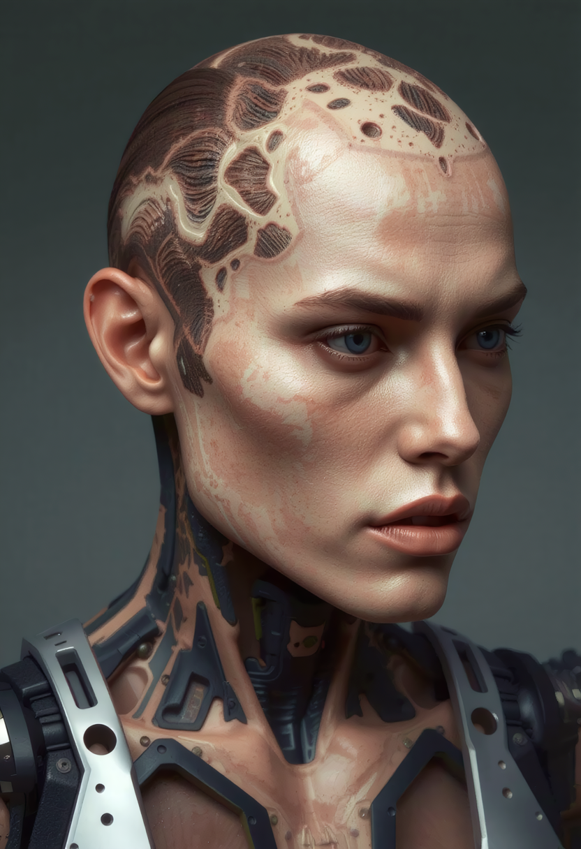 (poised android) with young chinese woman face, wearing Tailored sleek catsuit, cybernetic Faintly glowing edge-lit tracks outlining ocular implants where synthetic skin fuses with cybernetic casings augments, Polished steel cybernetic limbs with etched patterns, hydraulic pistons, reflective surface mechanical_arms, legs, arms and mechanical_legs, set in  public park, Fitness Plaza, Open-air area with high-tech exercise equipment, rubberized flooring, LED-lit pathways, solar-powered benches with charging docks, and retractable awnings , at night,  <lora:skin texture style v5:0.8> skin texture style, realism, detailedâââ