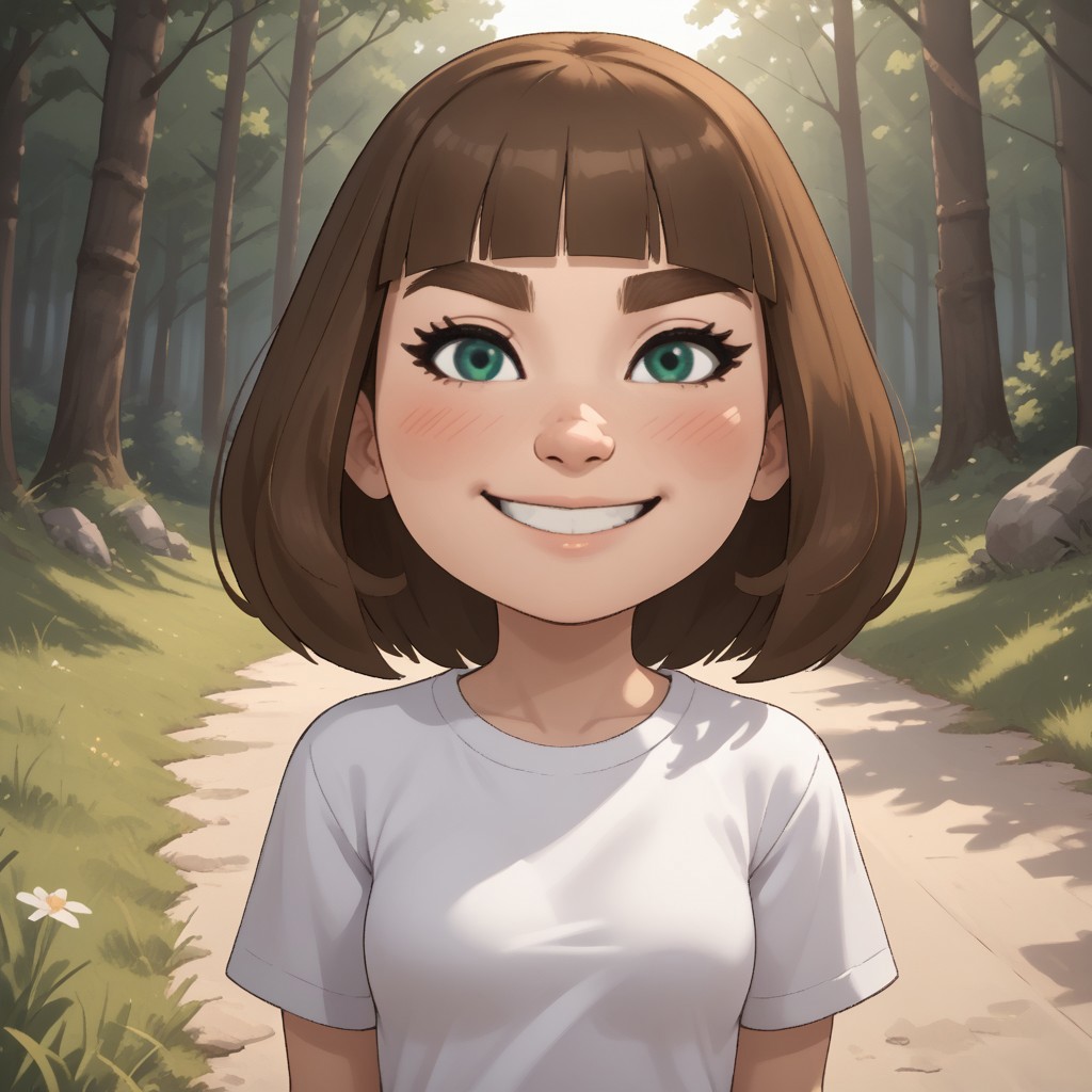 score_9, score_8, BREAK, solo, mii, wii u, wii sports club, 1girl, female mii, cute, green-ish brown hair, brown eyebrows, white skin, green eyes, small nose, blush, smile, long hair, fringe, white clothing, white pants, sneakers, small breasts, Millie_(\Wii_Sports_Club\), Nintendo Mii, modern_mii, classic_mii, sexy pose, self portrait, smile, outdoors, sunlight, shadows, evening lighting, natural lighting, forest, trees, grass, orange sky, sunset