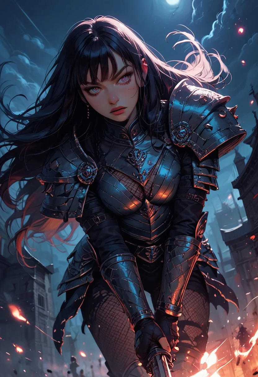 Score_9, Score8_up, Score_7_up, (((High Resolution, Best Quality))),
1girl, beautiful, breasts, battle scarred, damaged armor, fishnets under armor, bangs, long hair, plated armour, holding sword, battle stance, dynamic angle, ancient fantasy city, battle-ready stance, dynamic pose, at night, moonlight, riding a nimbus cloud, nimbus, wukong theme, directional lighting, viewed from above,