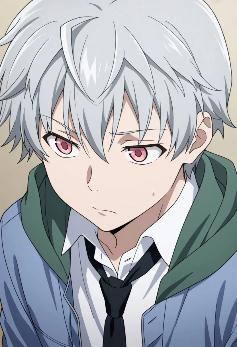 masterpiece,best quality,amazing quality, source_anime,
aruakise, 1boy, male focus, solo, pink eyes, grey hair, shirt, white shirt, collared shirt, black necktie, jacket, blue jacket, green hood, open jacket,
