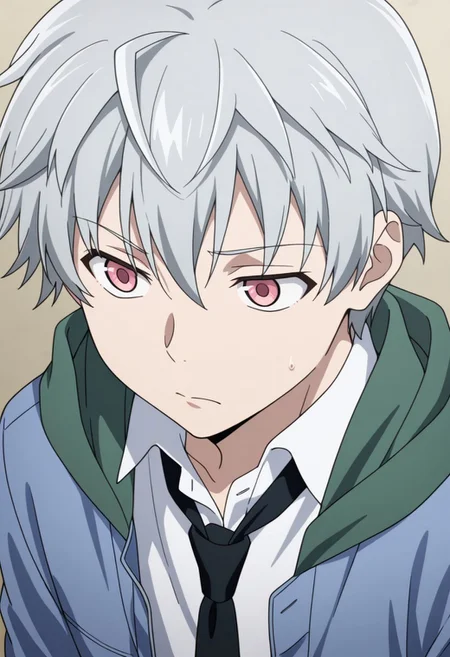 masterpiece,best quality,amazing quality, source_anime,
aruakise, 1boy, male focus, solo, pink eyes, grey hair, shirt, white shirt, collared shirt, black necktie, jacket, blue jacket, green hood, open jacket,