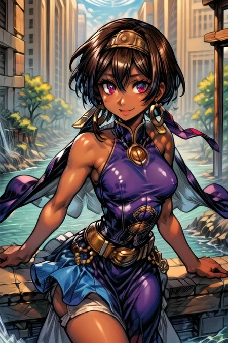 (best quality) , (highly detailed) ,masterpiece ,absurdres ,detailed face ,beautiful face ,(detailed eyes, deep eyes, anime eyes) ,1girl , solo, upper body, slight smile, small breasts
najaran_culdept, earrings, dark-skinned female, dark skin, purple eyes, brown hair, short hair, black hair, dark-skinned female, dark skin, hair ornament,dress, headband, jewelry, belt, cape, hoop earrings, blue skirt, brown shoes, Cape, Smile, Happy,