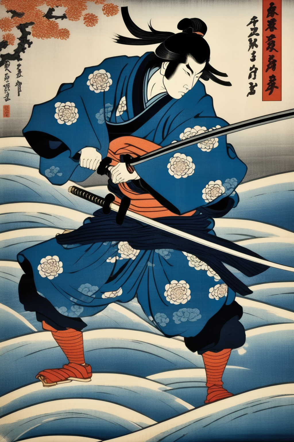 <lora:Ukiyo-e Art:1>Ukiyo-e Art - woodblock print ukiyo-e style of a Samurai practicing sword fighting blue colors