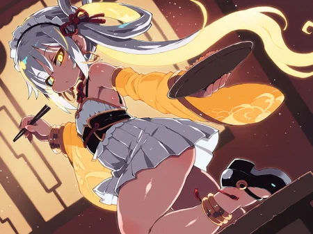 Zankuro, <lora:Zankuro_Illustrious:0.8>,
<lora:Glowing_Spot_Color_-_Illustrious:0.6>, glowing eyes, streaked hair, glowing inner hair, glowing streaks,
1girl,looking at viewer,parted lips,holding_tray,holding chopsticks,knee up,<lora:nai_ILL:0.7>,bare_legs,very long hair,hair rings,twintails,yellow eyes,silver hair,(maid:1.2),(chinese_style:1.1),(hanfu:1.1),(white chest pleated skirt:1.1),pinafore,detached_sleeves,wide_sleeves,light yellow sleeves,gold trim,lace,bare shoulders,frilled,chinese_knot,anklet,mary janes,hoop_earrings,maid headwear,hair_stick,bangle,indoors,table,close up,dynamic angle,from side,light particles,
