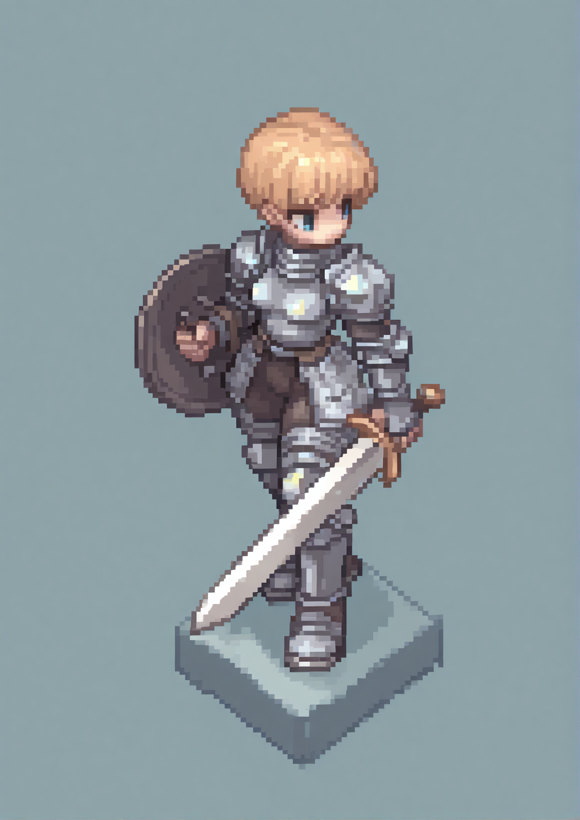 masterpiece, best quality, newest, absurdres, highres, new, solo, 1girl, blue eyes, d'arce \(fear & hunger\), steel armor, holding sword, holding shield, isometric view, <lora:d'arce_Illustrious-000012:1>   <lora:ROSprites:0.95> full body, Ragnarok online character, ROSPRITE