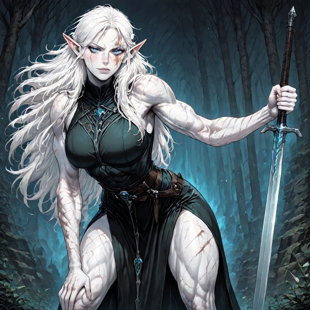 masterpiece, best quality, newest, absurdres, highres,
MIRV1.0, pale, white skin, blue eyes, colored skin, toned, muscular, toned female, white hair, elf, pointy ears, scar, scar on face, PINWSV1.0, pin up, sexy pose, sword, holding sword, holding weapon, sword, PINWSV1.0-lean, leaning, leaning forward, planted sword,