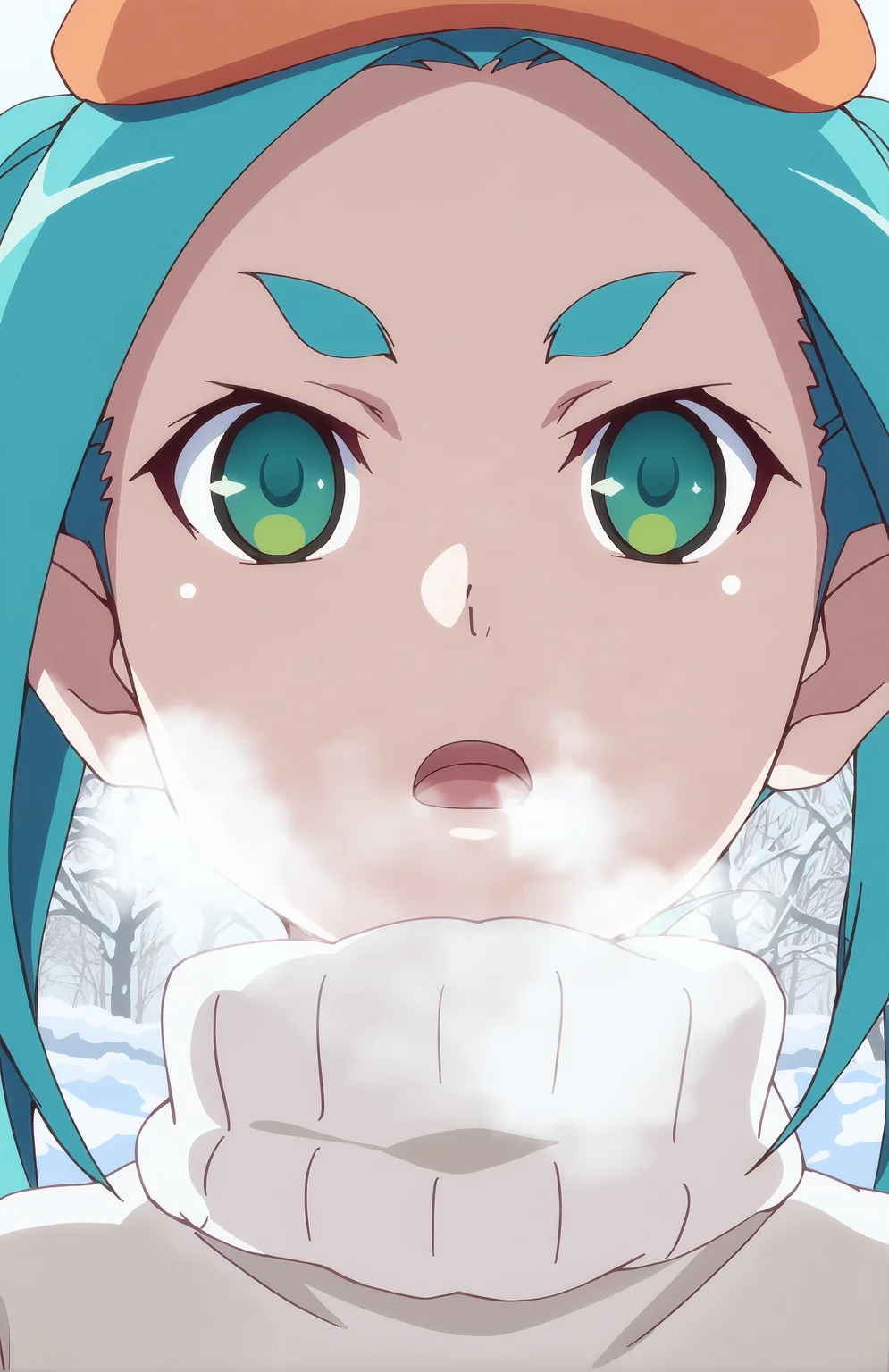 OnonokiYotsugi. 1girl, solo, aqua hair, twintails, green eyes, orange hat, ((white wool sweater)), winter, snow, sun, face focus, portrait, hot breath, open mouth, front view, 
