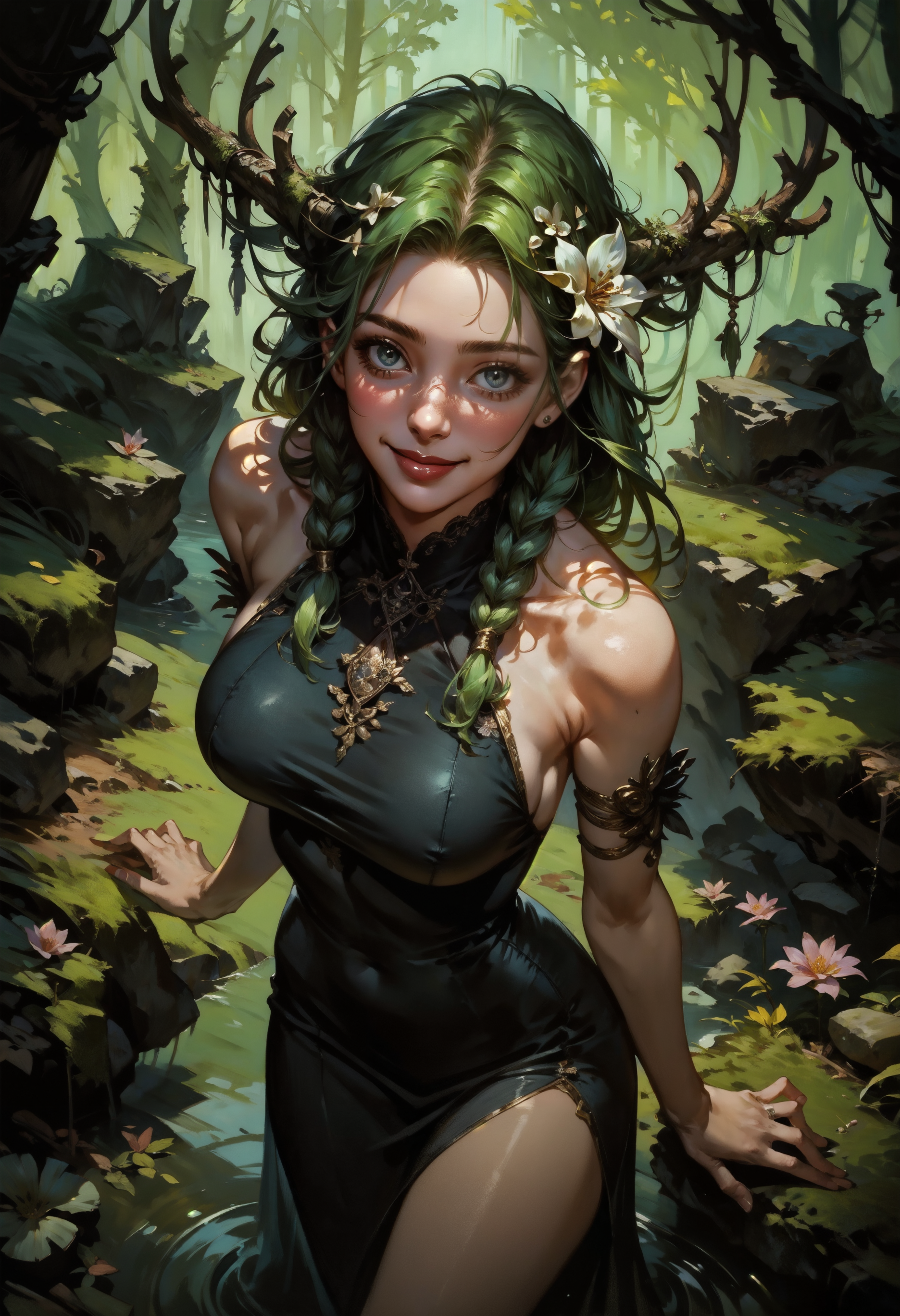 score_9, score_8_up, score_7_up,  dark, from above, (solo), elven girl, standing, bare shoulders, green hair, braids, large breasts, flower hair, antlers, black dress, cute, overgrowth,  sexy pose, looking at viewer, outdoor, moss, rocks, smile, 1girl, delicate and smooth skin, blush, perfect body, thighs, highly detailed, glossy lips,    <lora:Concept Art DarkSide Style LoRA_Pony XL v6:0.8> concept art, <lora:GwentStyle_v2:0.6> gwentstyle  <lora:Expressive_H-000001:0.8> expressiveh <lora:GRIM_v1:0.8> horror (theme)
