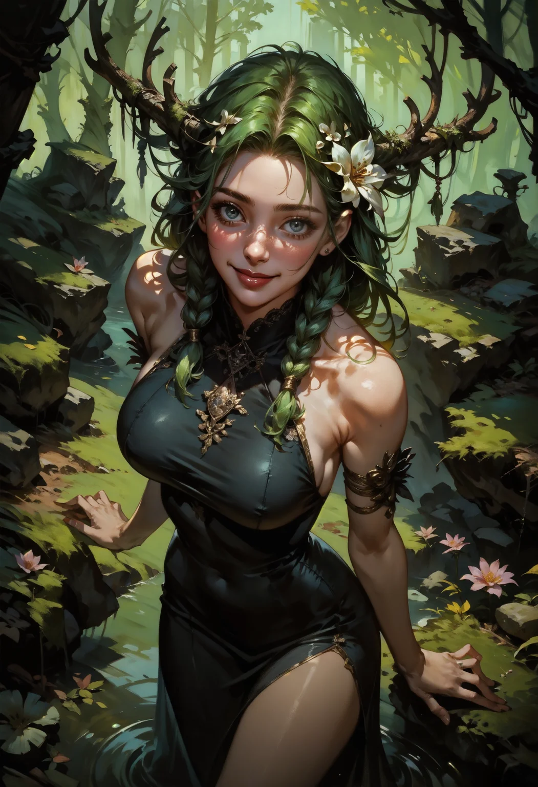 score_9, score_8_up, score_7_up, dark, from above, (solo), elven girl, standing, bare shoulders, green hair, braids, large breasts, flower hair, antlers, black dress, cute, overgrowth, sexy pose, looking at viewer, outdoor, moss, rocks, smile, 1girl, delicate and smooth skin, blush, perfect body, thighs, highly detailed, glossy lips, <lora:Concept Art DarkSide Style LoRA_Pony XL v6:0.8> concept art, <lora:GwentStyle_v2:0.6> gwentstyle <lora:Expressive_H-000001:0.8> expressiveh <lora:GRIM_v1:0.8> horror (theme)