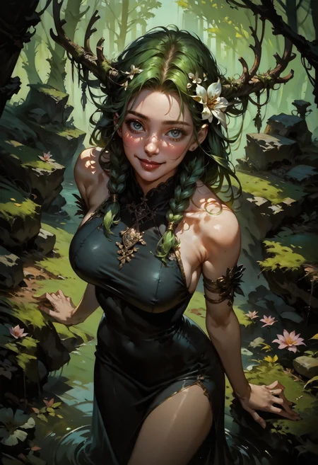 score_9, score_8_up, score_7_up, dark, from above, (solo), elven girl, standing, bare shoulders, green hair, braids, large breasts, flower hair, antlers, black dress, cute, overgrowth, sexy pose, looking at viewer, outdoor, moss, rocks, smile, 1girl, delicate and smooth skin, blush, perfect body, thighs, highly detailed, glossy lips, <lora:Concept Art DarkSide Style LoRA_Pony XL v6:0.8> concept art, <lora:GwentStyle_v2:0.6> gwentstyle <lora:Expressive_H-000001:0.8> expressiveh <lora:GRIM_v1:0.8> horror (theme)