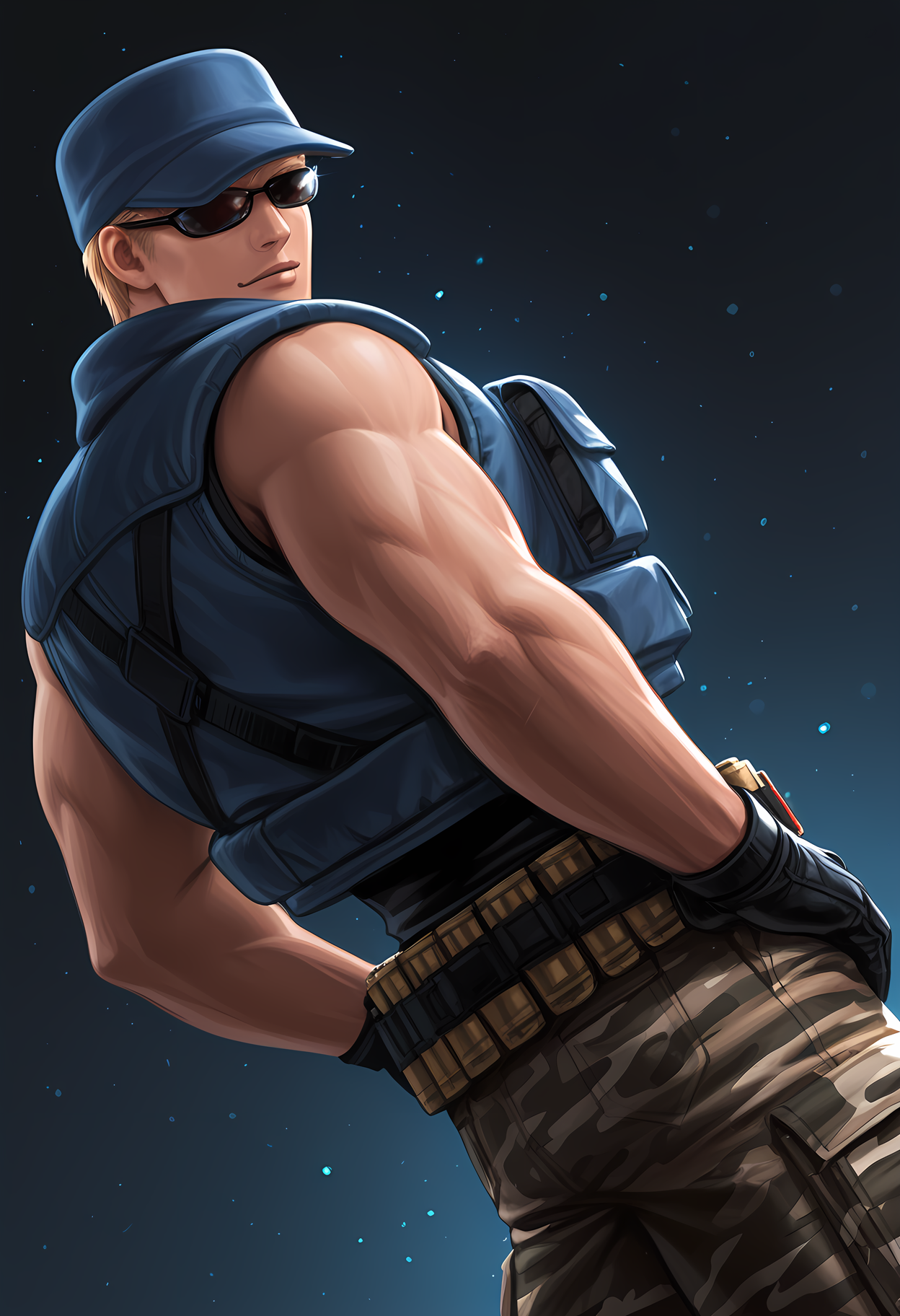 masterpiece, best quality, amazing quality, dutch angle, abstract background, BREAK
1boy, solo, male focus, kof_clark, blue hat, blond hair, sunglasses, sleeveless shirt, army vest, camouflage pants, ammo belt, BREAK
<lora:cfg_scale_boost:.6>  <lora:Clark_Still_-_King_of_Fighters_-_ILXL:1>