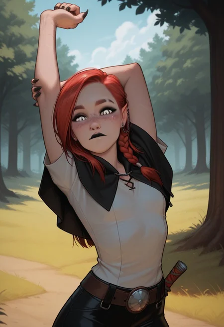 masterpiece,best quality,amazing quality,newest, absurdres, highres, detailed eyes, beautiful, perfect eyes, finely detailed face, very aesthetic, anime coloring, anime screencap, incoth, (incase:0.6),
1girl, solo
kayenn, red hair, long hair, side braid, white eyes, freckles, black lips, earrings, black nails, sharp fingernails, slim, cute face, small breasts,
mouth close, standing, looking at viewer, stretching, arm up,
capelet, pants, shirt, belt,
outdoor, tree, sunny,