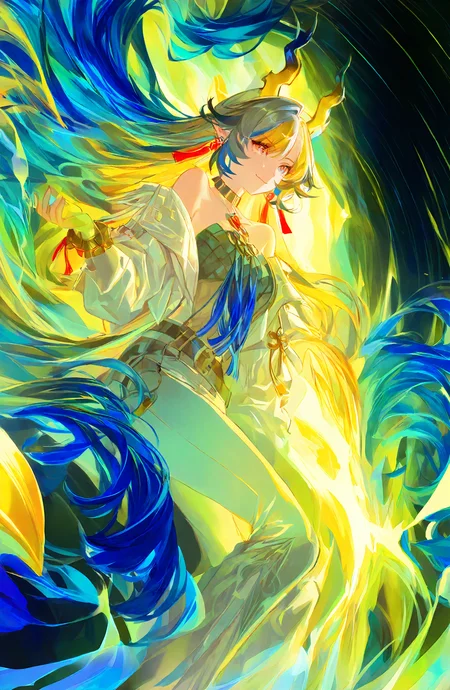 1girl, solo, long_hair, smile, long_sleeves, closed_mouth, jewelry, bare_shoulders, very_long_hair, blue_hair, jacket, grey_hair, multicolored_hair, earrings, open_clothes, horns, pointy_ears, pants, off_shoulder, necklace, bracelet, strapless, floating_hair, colored_skin, white_jacket, tassel, dragon_horns, dragon_girl, white_pants, tassel_earrings, strapless_shirt