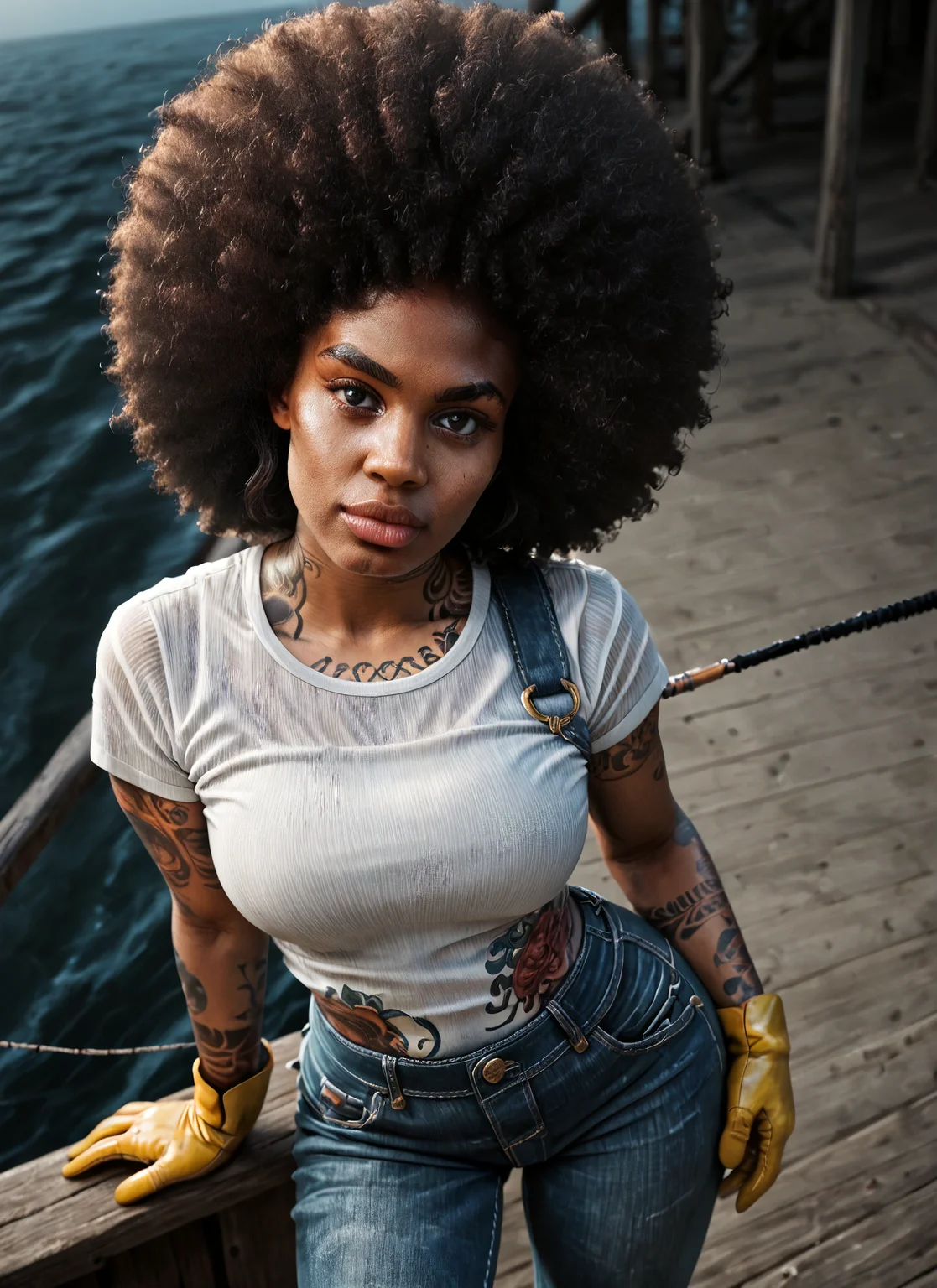 (milf:1.1), (smirk:0.72), (dark skin:0.99), (makeup:0.15), (lipstick:0.2), (large round afro:1.16), (full lips:0.98), (looking at viewer:0.93),(sexy:0.89), (seductive:0.73), dawn on a fishing dock, (dimly lit:1.16), (dark:0.20), (dramatic lighting:0.45), (rim light:1.02), (large_breasts:0.90), (small waist:1.36), (black woman:1.14), (sweat:0.40), (tattoos:1.28), yellow rubber rain boots, dirty pair of jeans overalls, dirty leather work gloves, thin white tshirt, (cinematic:0.51), high angle<lora:detailed_notrigger> <loar:Pony_DetailV1.0> <lora:Black_Woman_v3_e6> <lora:PONY_Large_Round_Picked_Out_Tight_Curl_Afro>
