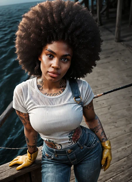 (milf:1.1), (smirk:0.72), (dark skin:0.99), (makeup:0.15), (lipstick:0.2), (large round afro:1.16), (full lips:0.98), (looking at viewer:0.93),(sexy:0.89), (seductive:0.73), dawn on a fishing dock, (dimly lit:1.16), (dark:0.20), (dramatic lighting:0.45), (rim light:1.02), (large_breasts:0.90), (small waist:1.36), (black woman:1.14), (sweat:0.40), (tattoos:1.28), yellow rubber rain boots, dirty pair of jeans overalls, dirty leather work gloves, thin white tshirt, (cinematic:0.51), high angle<lora:detailed_notrigger>  <loar:Pony_DetailV1.0>  <lora:Black_Woman_v3_e6> <lora:PONY_Large_Round_Picked_Out_Tight_Curl_Afro>