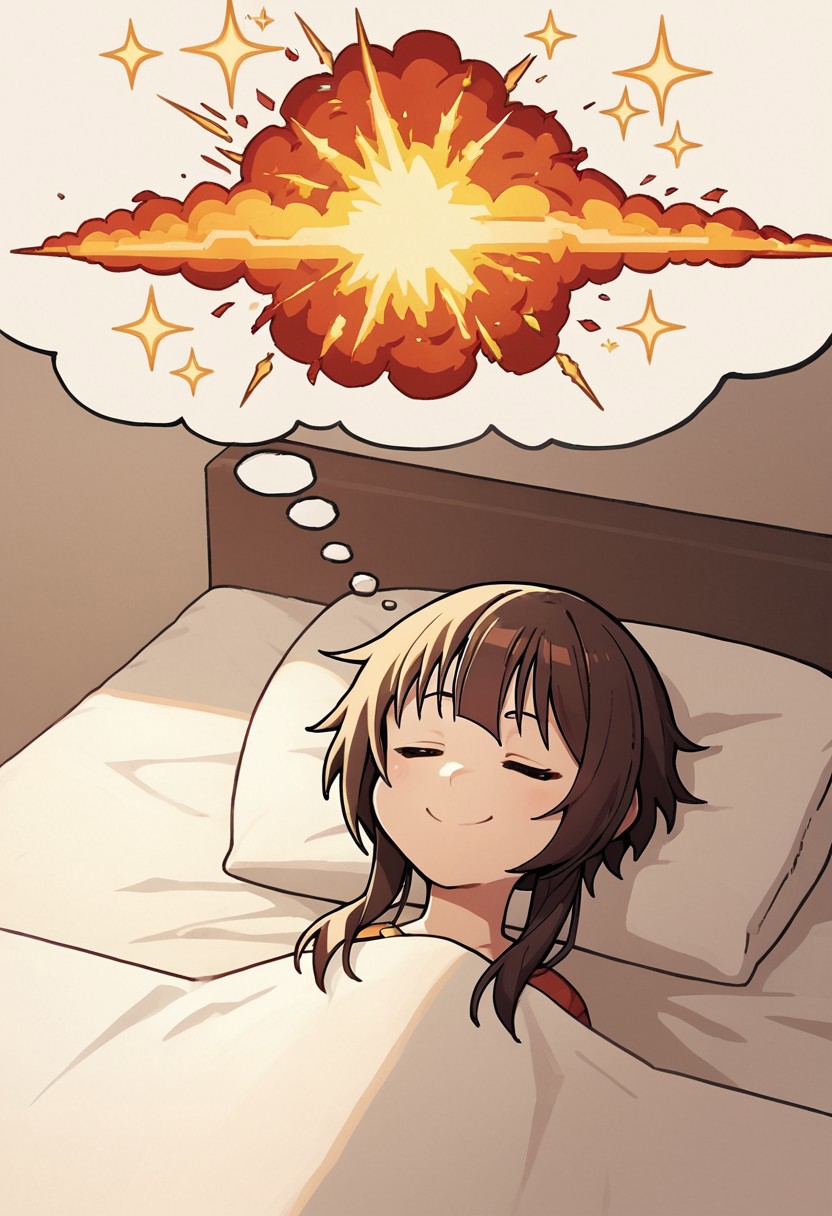 score_9, score_8_up, score_7_up, source_anime, 
1girl, megumin, solo, kono_subarashii_sekai_ni_shukufuku_wo!, 1girl, red_eyes, brown_hair, wide smile, messy hair, sleeping, head on pillow, under covers, in bed, BREAK
dreaming, dreaming of, thought bubble, dreaming of huge (explosion), sparkles, bright colors, castle, explosion,