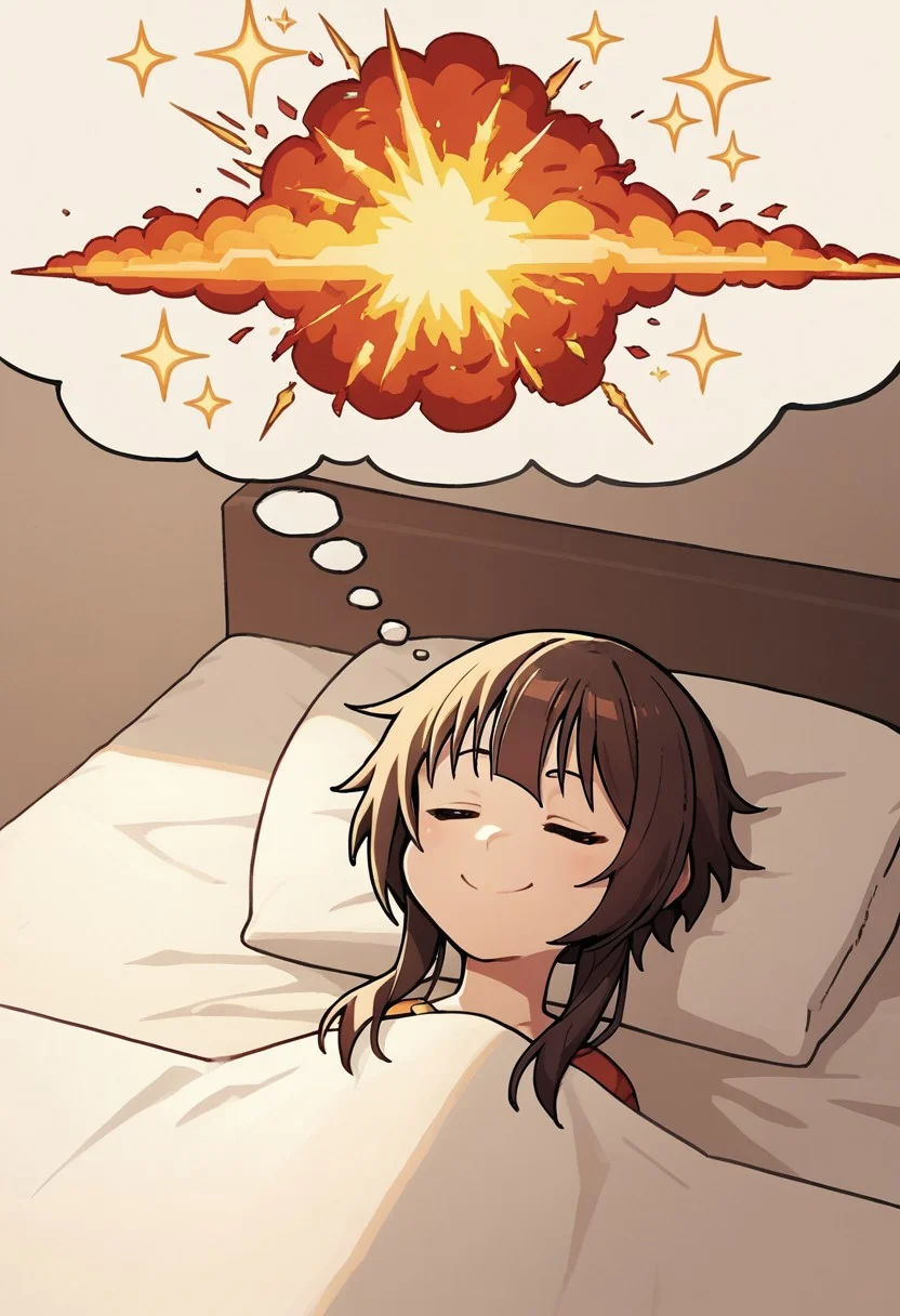 score_9, score_8_up, score_7_up, source_anime,
1girl, megumin, solo, kono_subarashii_sekai_ni_shukufuku_wo!, 1girl, red_eyes, brown_hair, wide smile, messy hair, sleeping, head on pillow, under covers, in bed, BREAK
dreaming, dreaming of, thought bubble, dreaming of huge (explosion), sparkles, bright colors, castle, explosion,