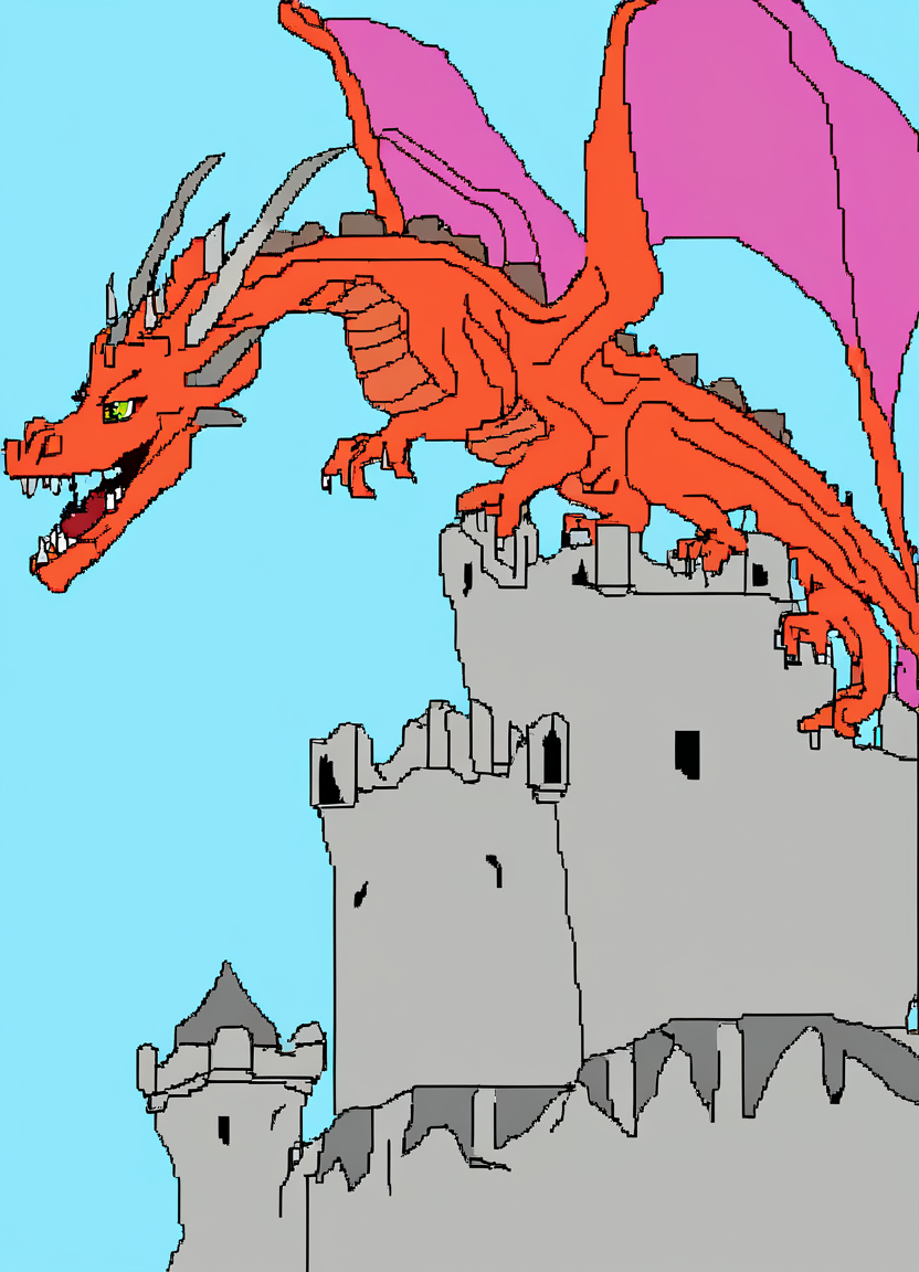 MSPaint drawing of a dragon on a castle 