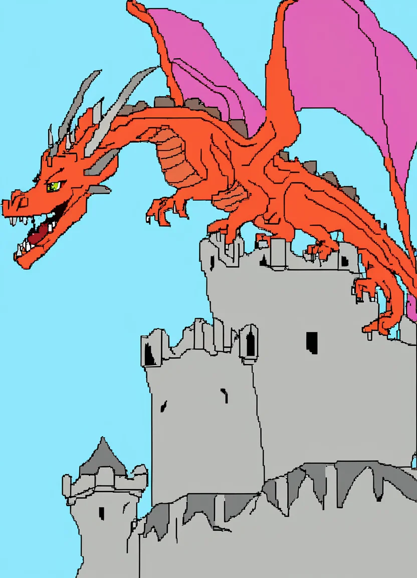 MSPaint drawing of a dragon on a castle