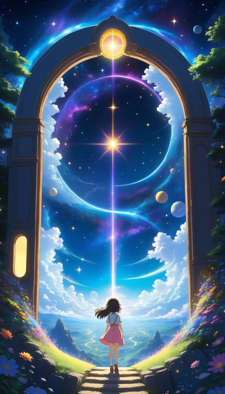 2D anime style, Studio Ghibli, mesmerizing scene of a girl entering a portal to the cosmos, star-filled sky, glowing light, vibrant colors, intricate patterns, dreamlike atmosphere, dynamic lighting, whimsical, fantasy elements, high contrast, serene and captivating