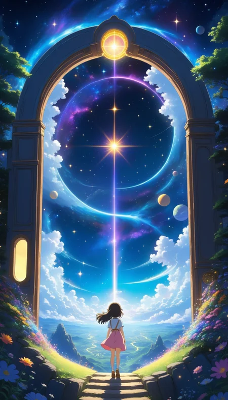 2D anime style, Studio Ghibli, mesmerizing scene of a girl entering a portal to the cosmos, star-filled sky, glowing light, vibrant colors, intricate patterns, dreamlike atmosphere, dynamic lighting, whimsical, fantasy elements, high contrast, serene and captivating