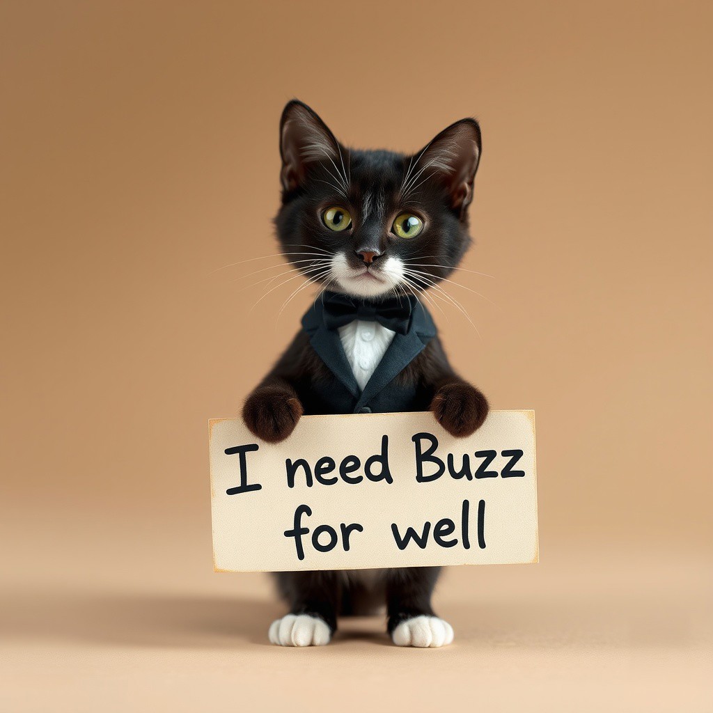 Tuxedo cat, slim, one holding paint wood paper vith lettering "I need Buzz for well",, fur body, cute face, cute look, thounge out, small legs,