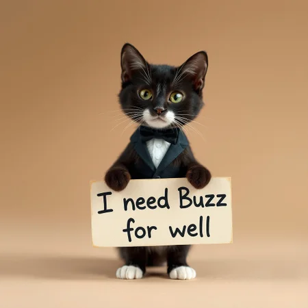 Tuxedo cat, slim, one holding paint wood paper vith lettering "I need Buzz for well",, fur body, cute face, cute look, thounge out, small legs,