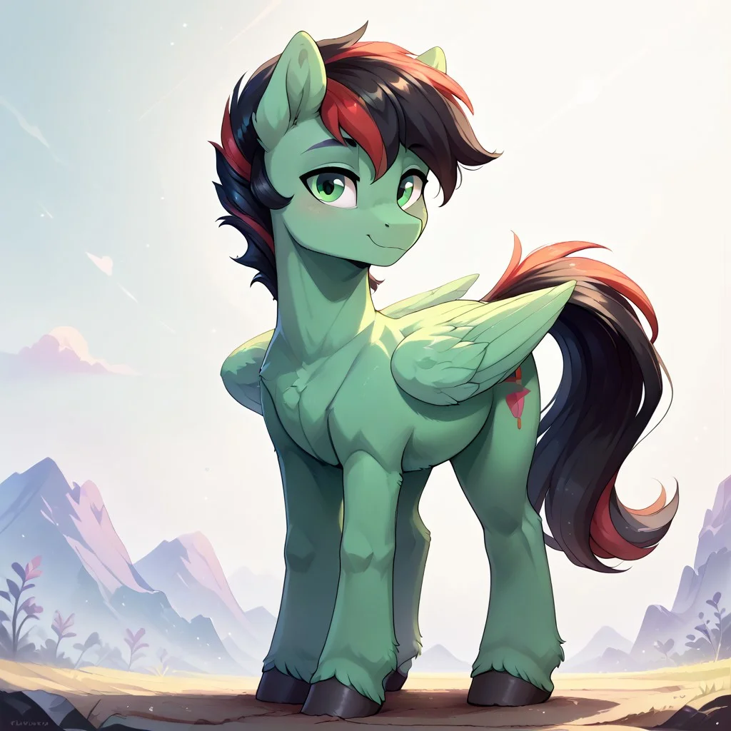 score_9, score_8_up, score_7_up, score_6_up, score_5_up, pony, solo, from my little pony, g4, (anatomically correct), cutie mark, (((pony, feral pony))), detailed, 1 male, 1 stallion, pony, beautiful, adorasexy, chest fluff, fluffy, ear fluff, by dvixie, full body image, facing away from camera image,
white background, no background,
(green body), green eyes, short black mane with red streak, stallion, male, pegasus,
standing, facing away, looking at you, happy, folded wings, close up of butt