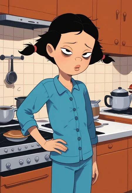 possummachine_style, 1girl, solo, Ashley_S, medium hair, black hair, black eyes, full lips, tan skin, twin pigtails, orange beanie, pigtails with red scrunchie, standing,,hand on own hip, indoors, kitchen,blue pajamas, loose clothes, , holding a cup of coffee, eyes half closed, sleepy eyes, bags under eyes, leaning to the side, dutch angle,perfect hands, perfect anatomy, five fingers,