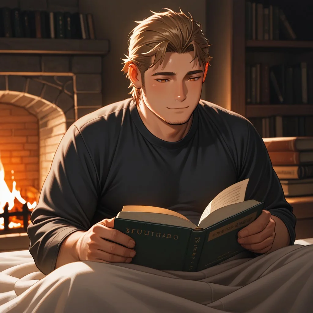 masterpiece, best quality, amazing quality, absurdres, newest, detailed background, definition so sharp, Ultra-HD, 8K cinematic, very awa, impressionate, amazing quality, highres,
solo, male focus, manly, plump, shadow, shiny skin,
ekusoushizumu, ekusou_brunette, ekusou_orange eyes, 1boy, short hair, sideburns, stubble, cozy, warm_lighting, fireplace, soft_blanket, book_reading, hot_drink, peaceful, relaxed, hygge, indoor, gentle_smile, natural_light