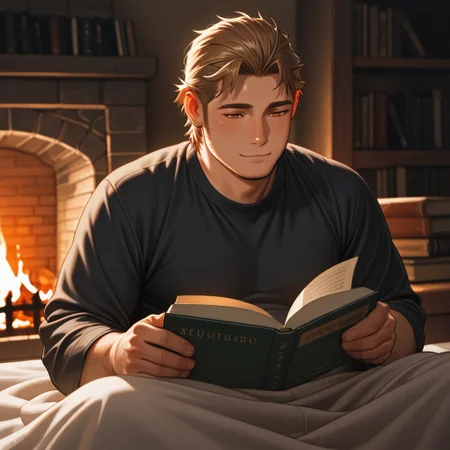 masterpiece, best quality, amazing quality, absurdres, newest, detailed background, definition so sharp, Ultra-HD, 8K cinematic, very awa, impressionate, amazing quality, highres,
solo, male focus, manly, plump, shadow, shiny skin,
ekusoushizumu, ekusou_brunette, ekusou_orange eyes, 1boy, short hair, sideburns, stubble, cozy, warm_lighting, fireplace, soft_blanket, book_reading, hot_drink, peaceful, relaxed, hygge, indoor, gentle_smile, natural_light