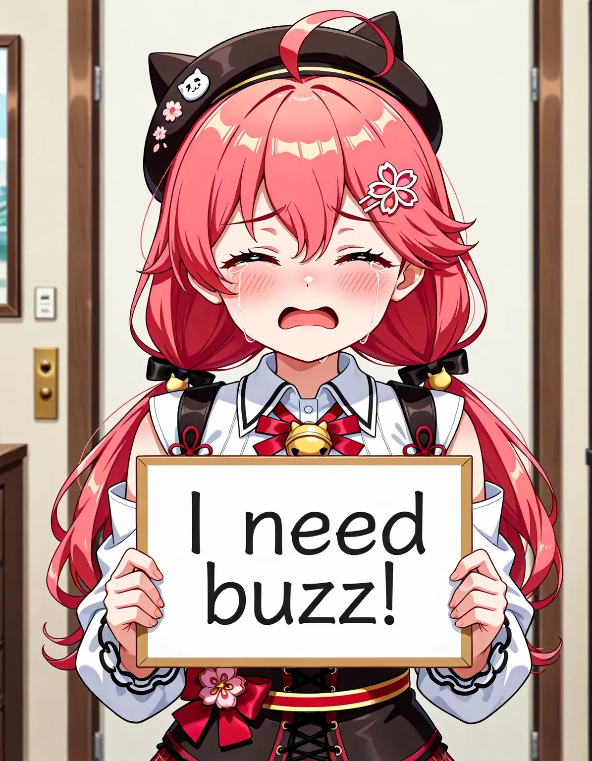 <lora:dmd2_sdxl_4step:1>,1girl,official style,masterpiece,best quality,newest,very aesthetic,highly detailed,high resolution,absurdres,highres,depth of field,super detailed skin,very awa,Anime,anime coloring,anime screencap,(holding a sign that says "I need BUZZ"),<lora:看板NeedBuzz_sign_Illustrious:1>,need_buzz,holding sign,sakura miko \(casual\),crying,streaming_tears,closed eyes,