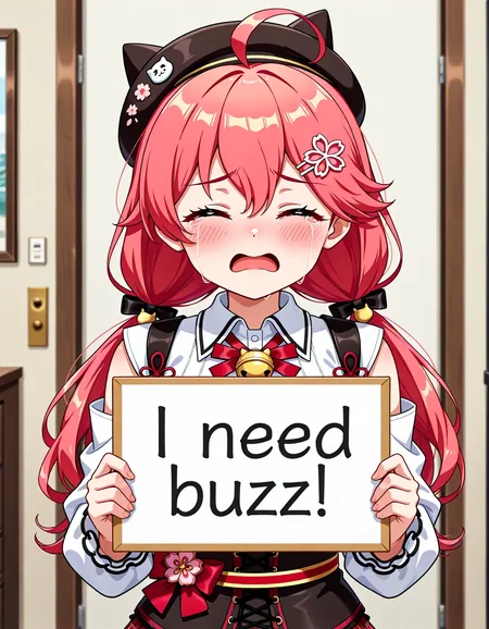 <lora:dmd2_sdxl_4step:1>,1girl,official style,masterpiece,best quality,newest,very aesthetic,highly detailed,high resolution,absurdres,highres,depth of field,super detailed skin,very awa,Anime,anime coloring,anime screencap,(holding a sign that says "I need BUZZ"),<lora:看板NeedBuzz_sign_Illustrious:1>,need_buzz,holding sign,sakura miko \(casual\),crying,streaming_tears,closed eyes,