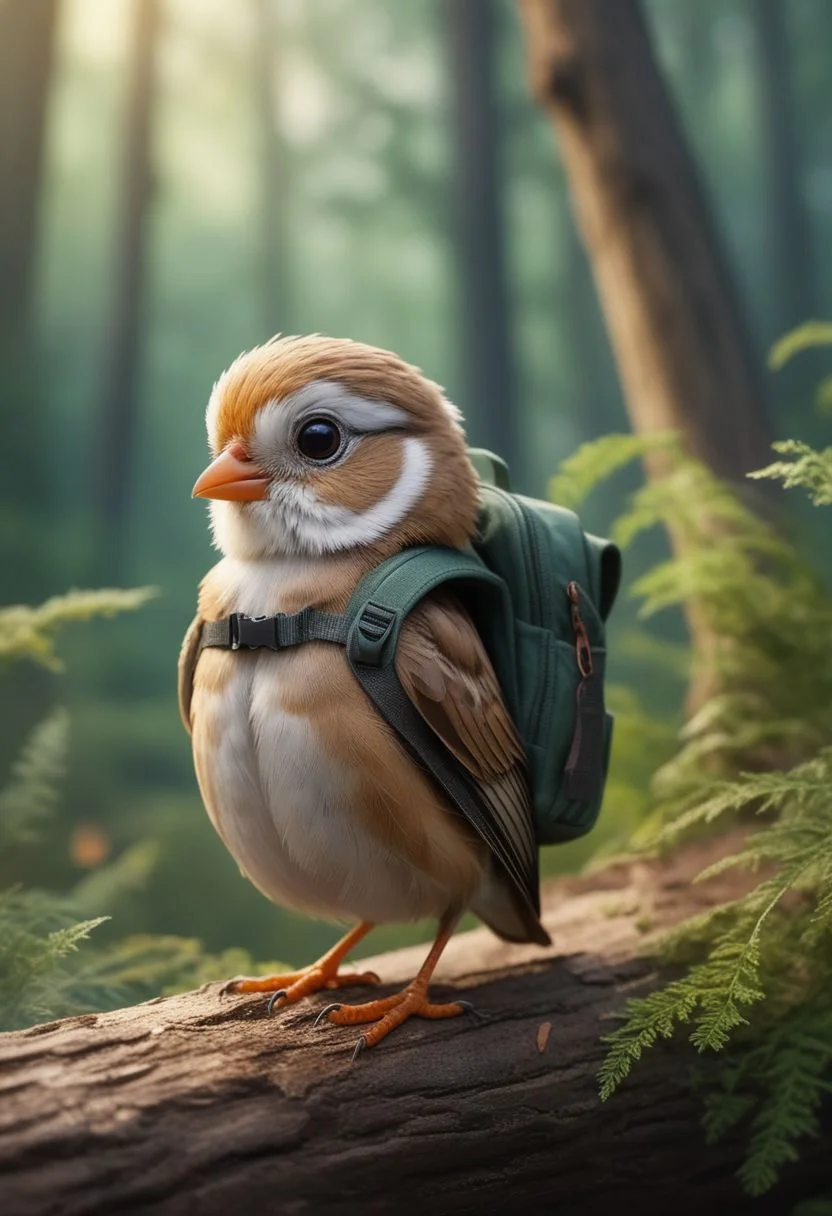 (cute small bird, anthropomorphic, with backpack, standing, in center, looking in awe, curiosity, curious face, round eyes, gasping, brightness in eyes, happy,), Forest in background, OverallDetail. Magical beautiful background, fantasy, wild, hyper-detailed, dynamic, SkinHairDetail, style-hamunaptra