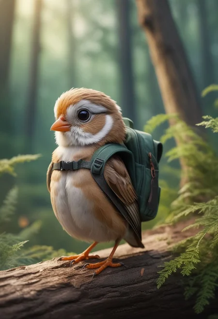 (cute small bird, anthropomorphic, with backpack, standing, in center, looking in awe, curiosity, curious face, round eyes, gasping, brightness in eyes, happy,), Forest in background, OverallDetail. Magical beautiful background, fantasy, wild, hyper-detailed, dynamic, SkinHairDetail, style-hamunaptra